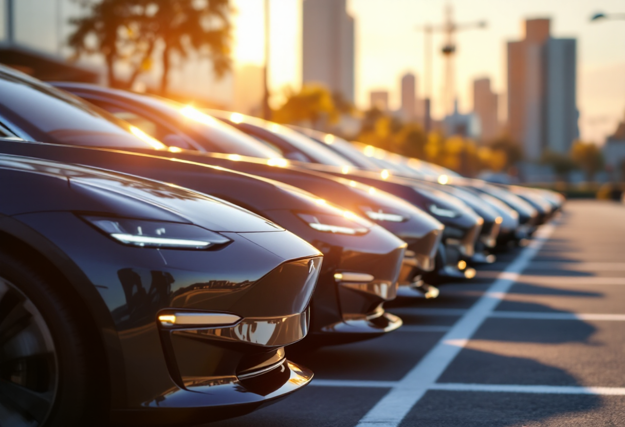 Immagine di auto elettriche e ibride in un parcheggio europeo