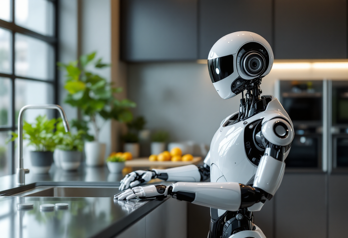 Robot umanoidi in un contesto futuristico e tecnologico