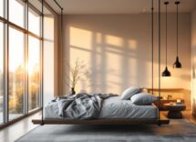 Letto sospeso e amaca in un moderno soggiorno