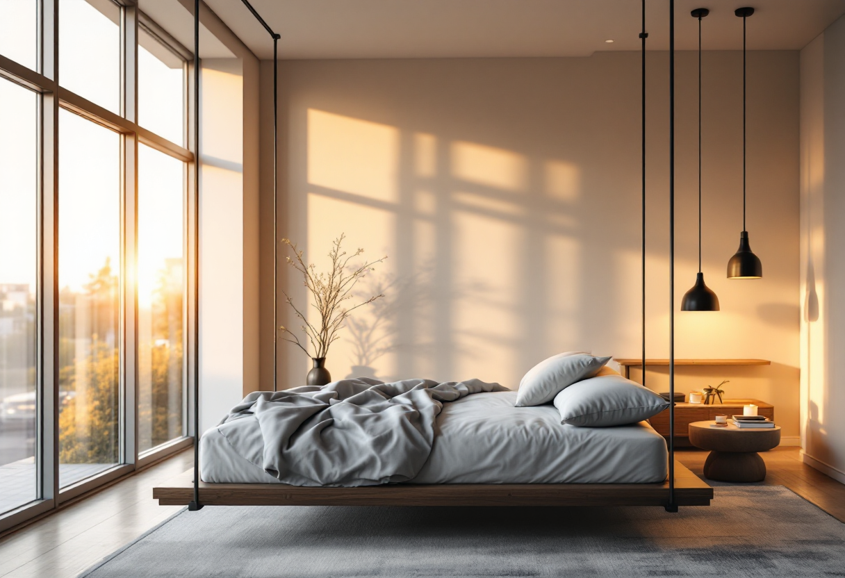 Letto sospeso e amaca in un moderno soggiorno