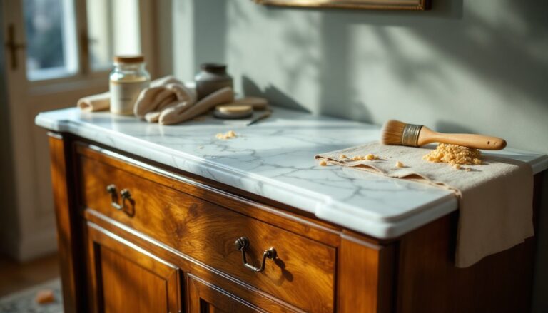 Cassettone vintage con piano in marmo e maniglie in bronzo, 107x48x102 cm