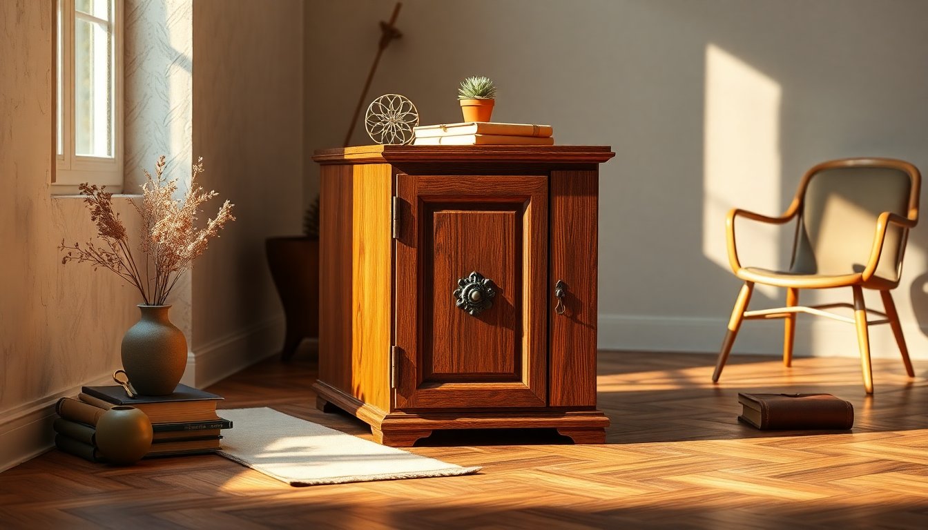 Mobile schedario in noce stile Neorinascimento: dimensioni compatte e carattere vintage